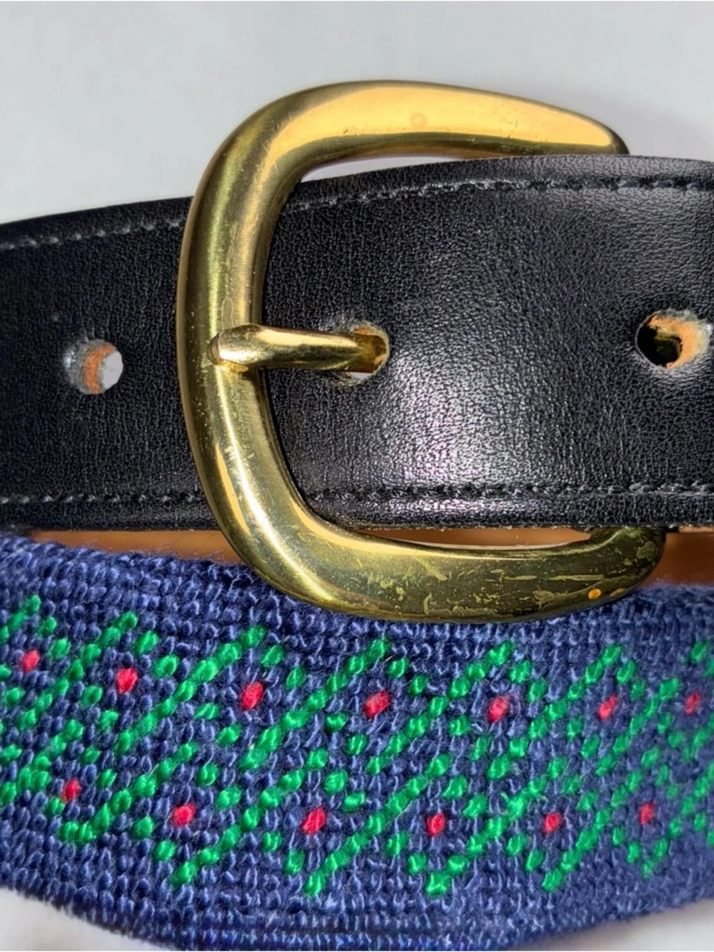 Men’s Embroidered Belt Navy Blue Green Size 32 Solid Brass Brown Leather Golf